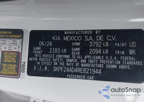 2024 Kia Forte Lx from USA, damaged, VIN 3KPF24AD4RE821944